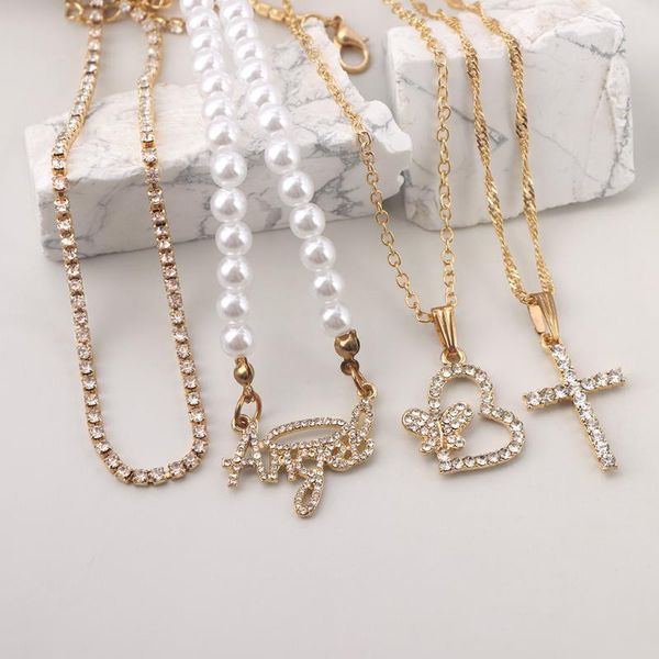 

chokers boho cross heart crystal pendant pearl beaded necklace for women multilayer angel letter choker summer vacation jewelry, Golden;silver