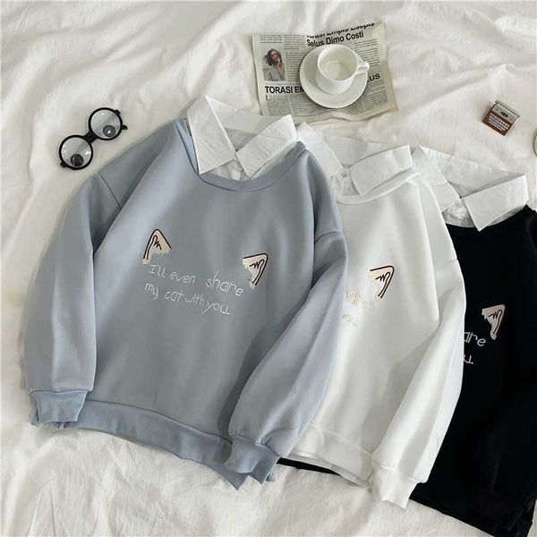

winter warm polo collar stitching sweatshirt women fake two-piece coat letter harajuku print pullover female white hoodies y0820, Black