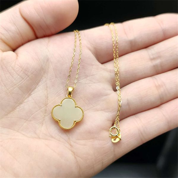 

ancient gold hetian white female exquisite four leaf grass jade pendant clavicle necklace, Black