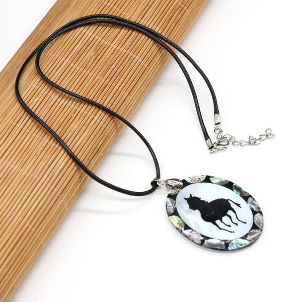

chains natural shell necklace rope length 55+5cm vintage oval with black horse pattern pendant for jewelry gift 42x55mm, Silver