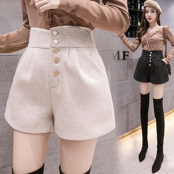 

high waist wool shorts women streetwear autumn button pockets wide leg plus size black femme db674 women's, White;black