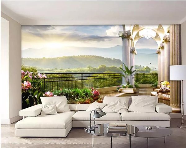 

custom large wallpaper 3d stereo villa window balcony sunrise natural scenery living room background wall paper murals
