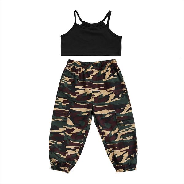 

summer fashion kids girls clothes sets 2pcs strap solid sleeveless vest camouflage pants outfits 0 6y, White