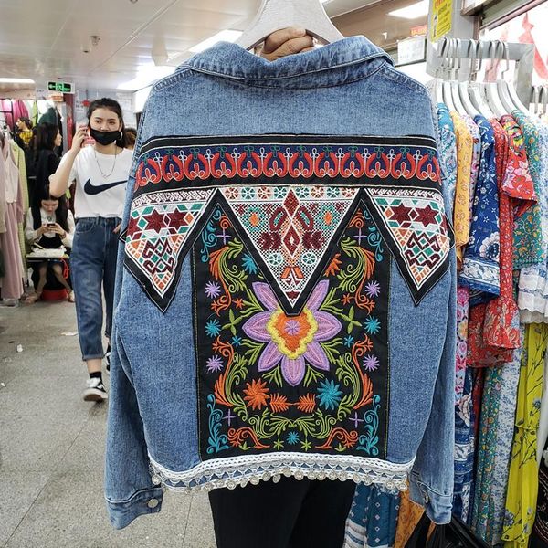 

women's jackets design spring autumn fashion denim jeans loose geometric embroidery beading coat jacket casacos, Black;brown