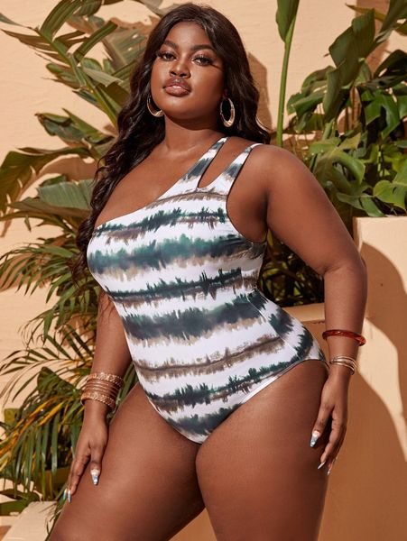 

plus tie dye one shoulder one piece swimsuit c7gm#, Black