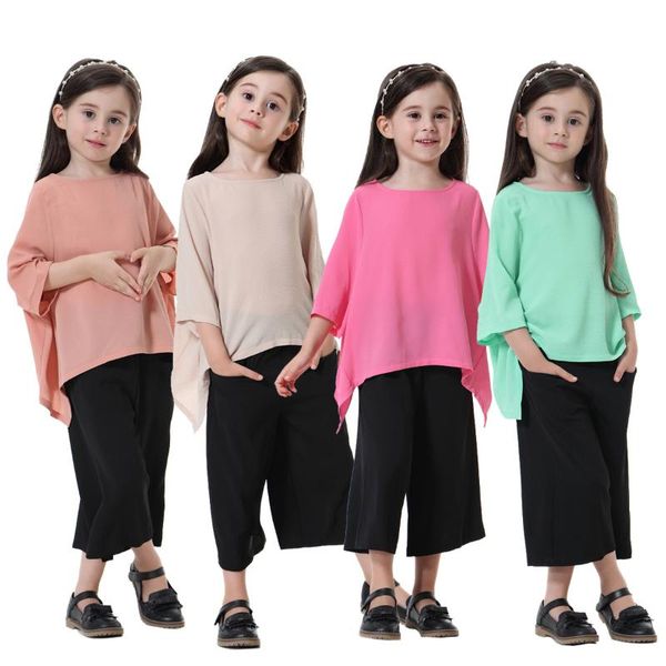 

ethnic clothing kids muslim girls fashion pullover shirt + broad leg pants 2pc child abaya islamic children summer dress clothes 2021, Red