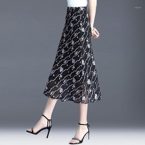 

skirts summer womens 2021 vintage floral print chiffon elastic high waist casual midi skirt women clothes jupe femme y750, Black