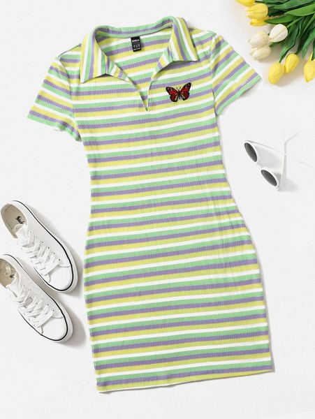 

ribbed striped butterfly embroidery dress a9j6#, Black;gray