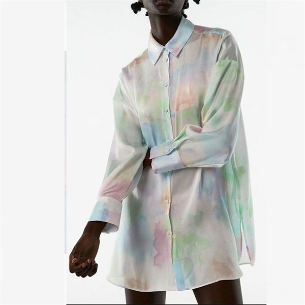 

women summer fashion tie dye blouses shirts za loose long sleeve satin turn-down collar female street smock blusas 210513, White