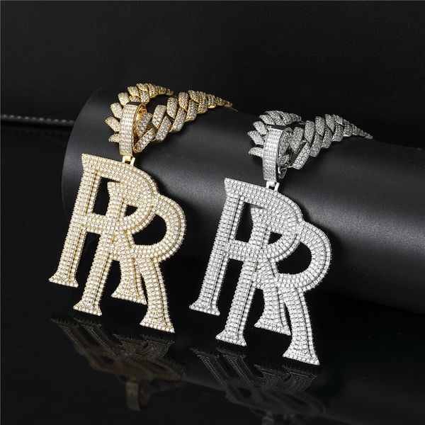 

new men's hip hop necklace double r letter pendant iced out cubic zircon gold silver plated mens bling jewelry