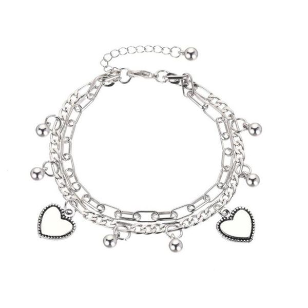 

link, chain charm geometric double heart bracelets for women female round beads multilayer silver color bangles bracelet jewelry, Black