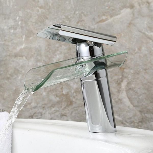 

bathroom sink faucets glass waterfall basin faucet chrome finished single lever deck mounted mixer tap