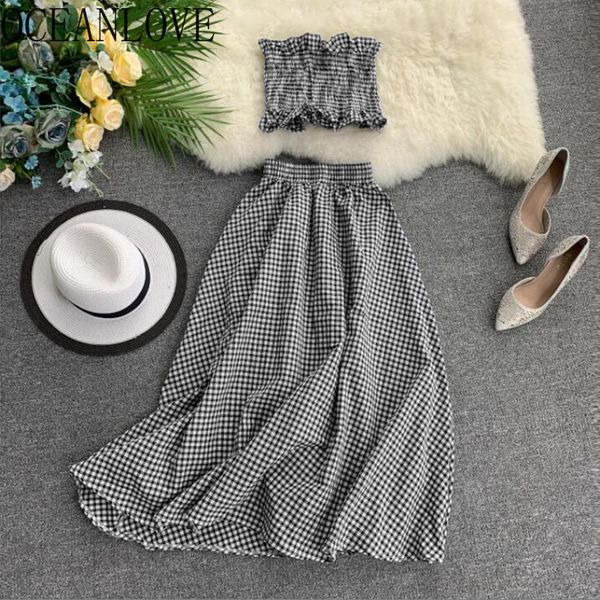 

summer two plaid beach style fashion 2 piece set women chic korean retro ropa mujer 15708 210415, White