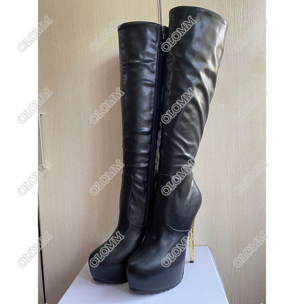 

boots olomm handcrafted woman platform knee high stiletto toe round foot beautiful black party shoes and 5-15 size phhw