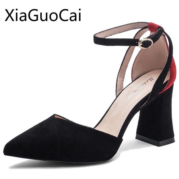 

dress shoes est style pointed toe women pumps buckle square heels female high hollow out, Black