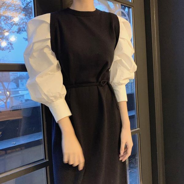 

casual dresses [ewq] autumn female elegante loose round neck patchwork long puff sleeve minimalist a-line dress with belt 8d698 7xbv, Black;gray