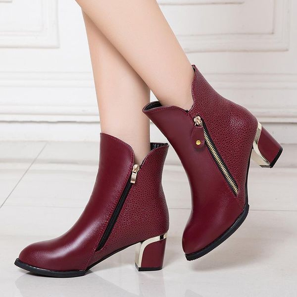 

boots women's casual winter keep warm round toe square heels women shoes zip pu leather elegant comfortable solid waterproof, Black