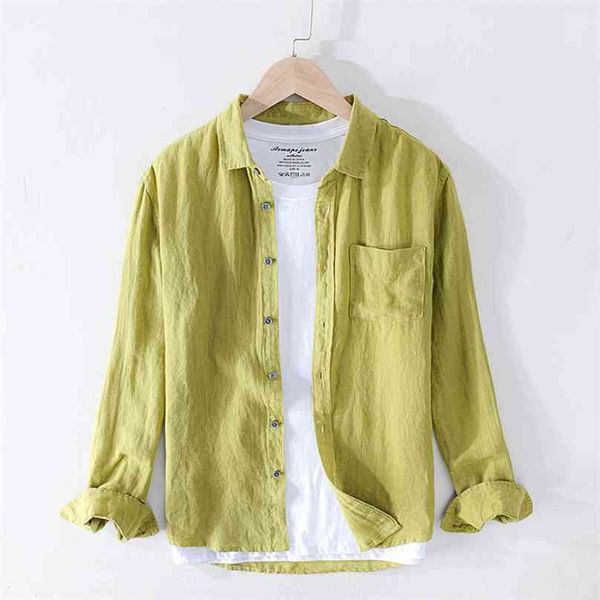 

pure linen shirts for men long sleeve casual turn-down collar basic classic male fashion solid color retro clothing 210626, White;black