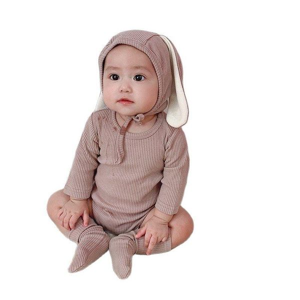 

jumpsuits autumn korean style born baby clothes 3pcs long sleeve boys girls ribbed bodysuit+cute big ear cap+socks suit, Blue
