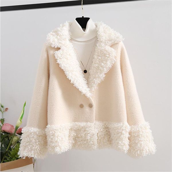 

women's sweaters autumn winter women jacket 2021 korean warm imitation mink velvet colorblock sheep fur one lambswool coat fashion over, White;black