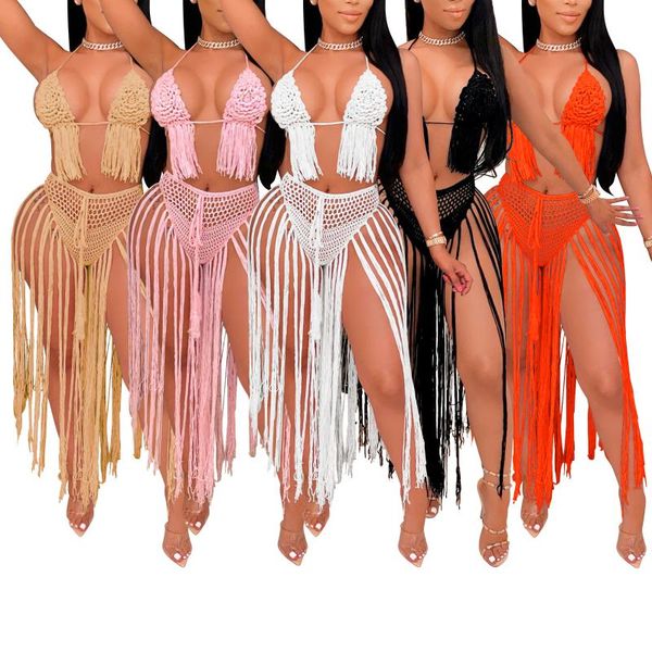 

women's swimwear women beach halter neck bikini + briefs, long tassel decoration, hand-knitted crochet summer clothing 2021, White;black