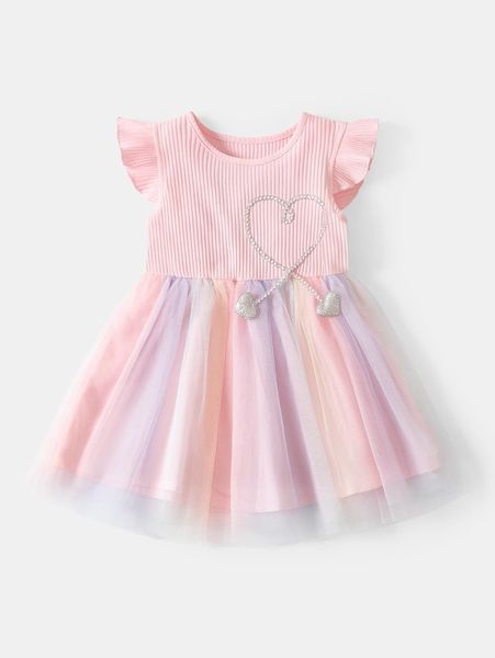 

toddler girls contrast mesh heart patched smock dress she, Red;yellow