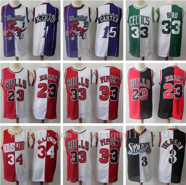 

split two colors basketball jersey allen iverson pippen hakeem olajuwon tracy mcgrady vince carter larry bird red black, Black;red