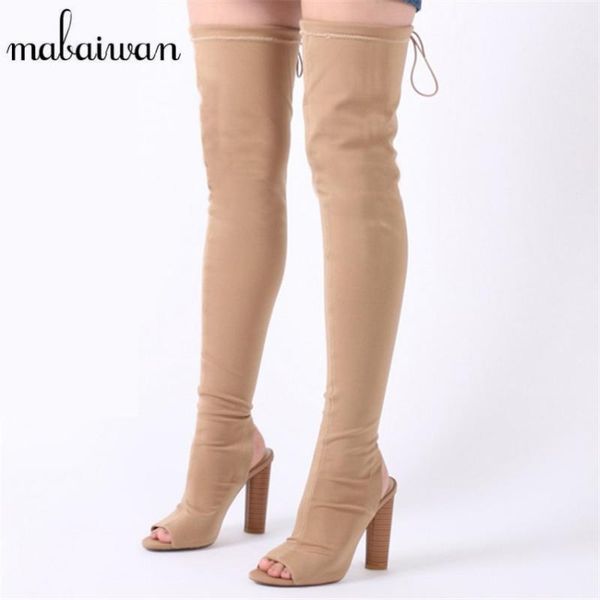 

boots mabaiwan 2021 fashion stretch knit women peep toe thigh high sock heel over the knee slim fit shoes woman1, Black