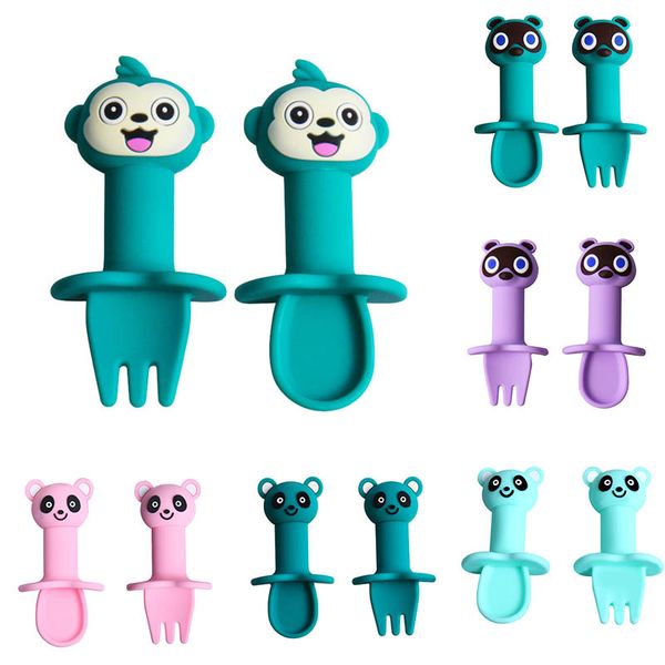 

2pcs/set cartoon pattern spoon fork set detachable safe silicone infant feeding children tableware utensil heat-resistant spoon