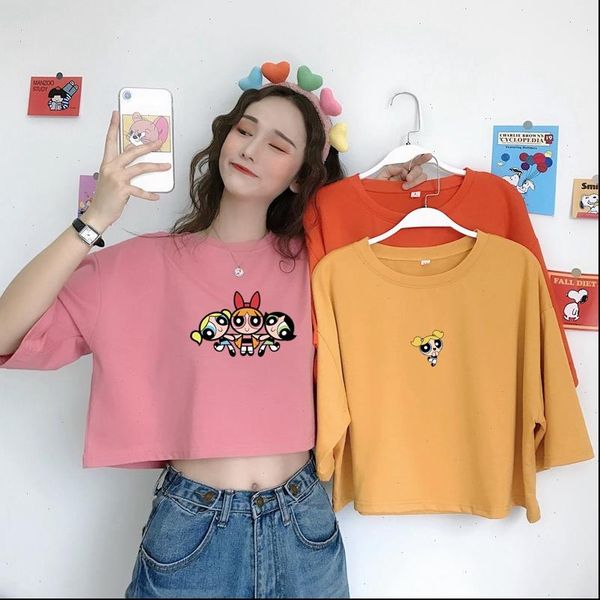 

womens t shirt sweet girls crop kawaii buttercup powerpuff harajuku women cotton ulzzang korean style cartoon print shirts summer, White