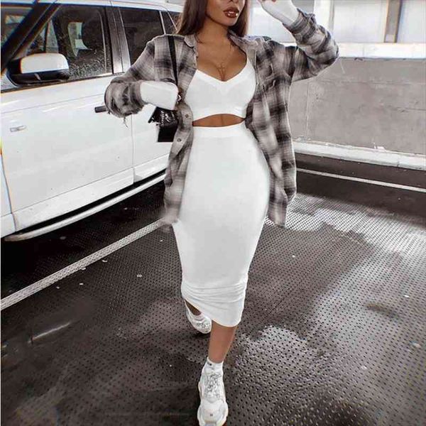 

stylish long-sleeved pit strip slim flute white dress female elegant bodycon two piece outfit streetwear women activewear