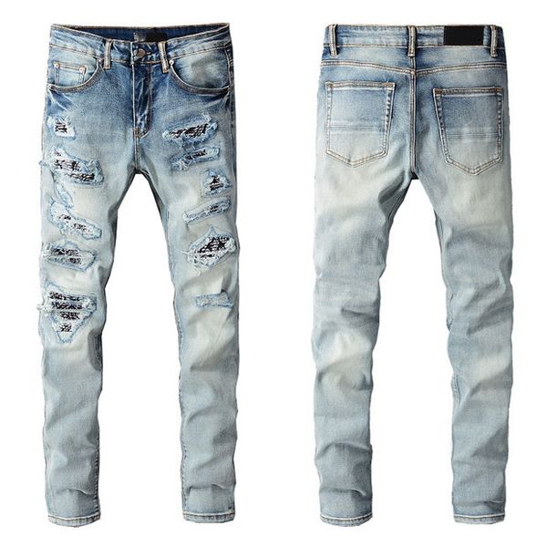 Mens Jeans Designer Jean Homem Atacado Marca Casual Rasgado Slim Fit Padrão Retro Holes Skate Splicing Motocicleta Reta Motocicleta Esticar Hip Hop Denim Pant