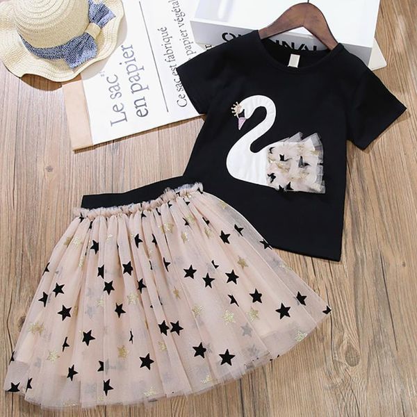 

swan print toddler girl clothes set summer baby kid girls t-shirt stars ruched skirt outfits clothing sets, White