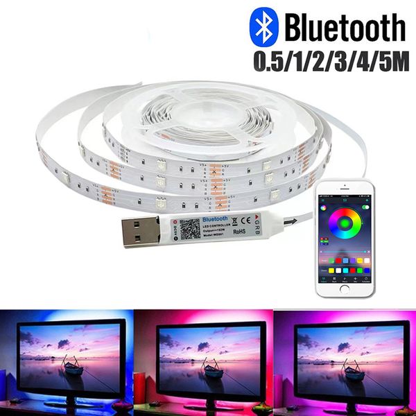 TV LED Strip 5V USB Background Iluminação 5050 5m 16.4ft RGB Light Strips Bluetooth App Control para sala de desktop decoração