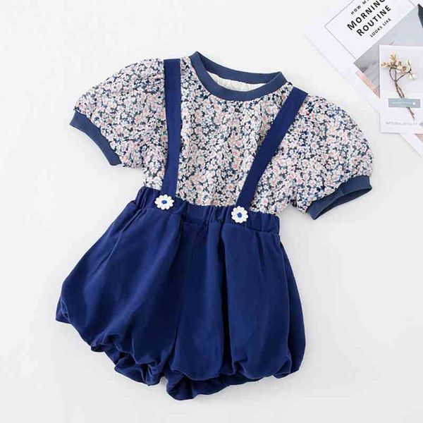 

children's clothes set summer baby short-sleeve floral + solid color suspender shorts 2-piece cute girl sets 210515, White
