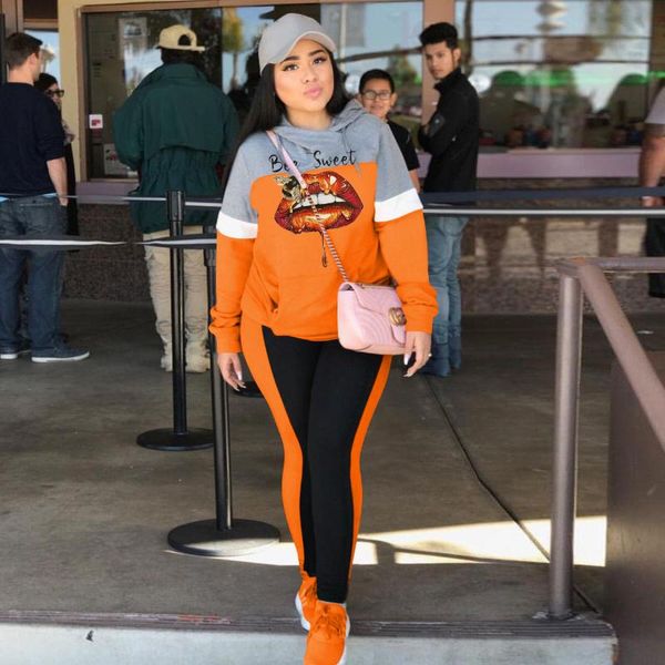 

women's two piece pants lip print casual tracksuit women set long sleeve loose sweatshirts female sweatpants loungewear winter 2022, White