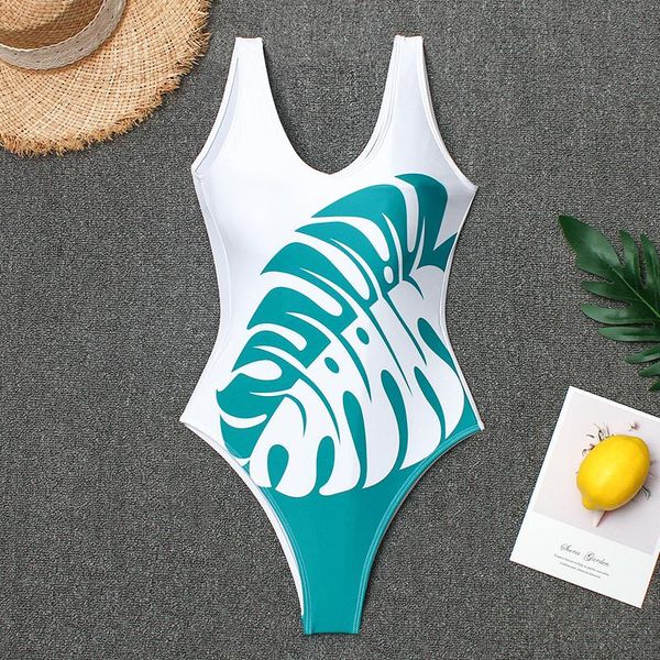 

one piece swimsuit women bandage swimwear leaf flower print beach 2021 bathing suit swim wear monokini white one-piece suits
