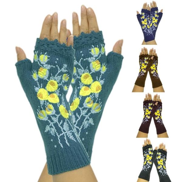 

five fingers gloves women knit lengthen fingerless yellow floral embroidery texting mittens 649c, Blue;gray