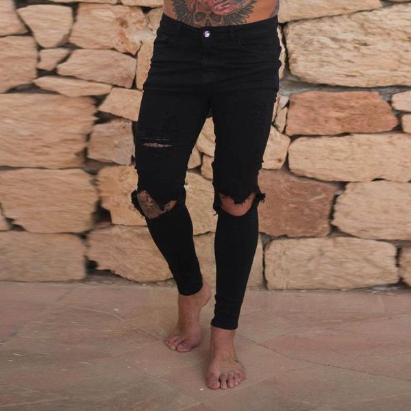 

men's pants brand fashion mens ripped slim fit motorcycle holes denim jeans pant zipper streetwear casual trousers, Black