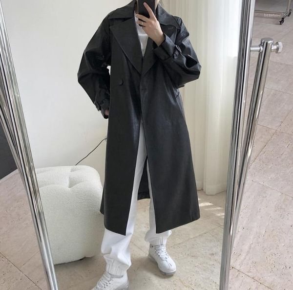

woman classic pu leather long trench women's & faux, Black