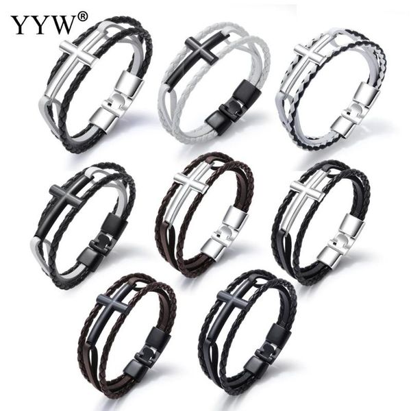 

link, chain titanium steel bracelet cross pattern with pu leather bracelets & bangle fashion jewelry for women men friendship gift, Black