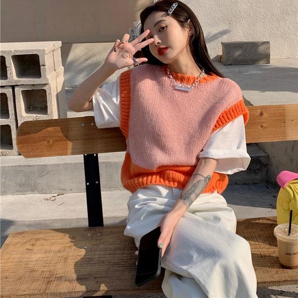 

women's vests aowdtmz pink orange knitted contrasting color vest sweet sleeveless spring korean style round neck loose thin, Black;white