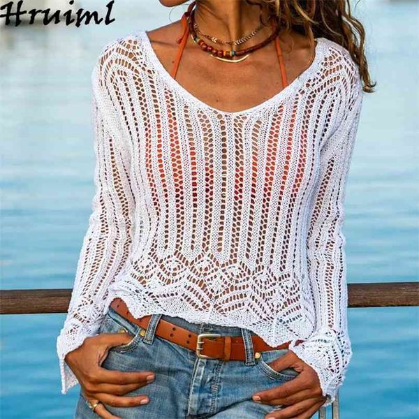 

see through women sweater blouses hollow out long sleeve v neck solid fashion female knit pullovers casual 210513, White;black