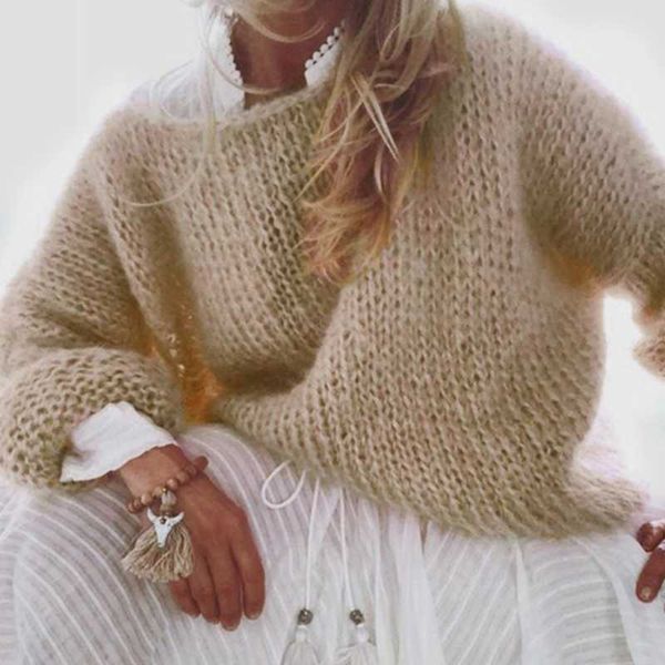 Frauen Laterne Langarm Rundhals Pullover Flauschigen Fuzzy Mohair Pullover Tops Grob Gestrickte Einfarbig Übergroßen Lose Jumper X0721