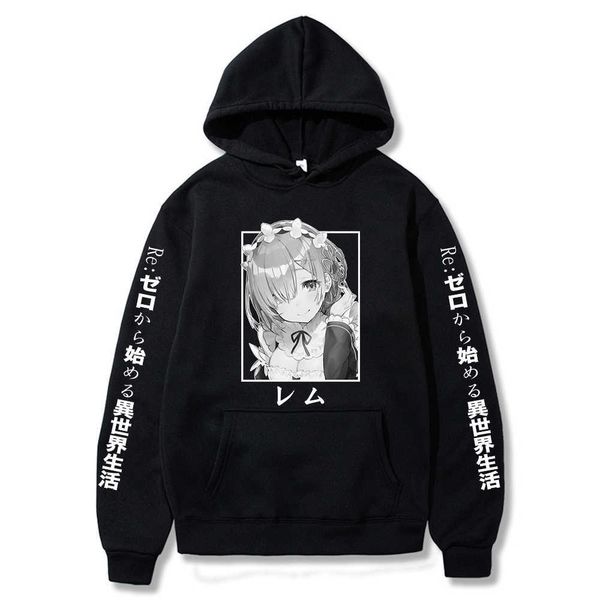 

re:zero restarting life from zero in new world print harajuku anime rem ram long sleeve korean couple hoodies, Black