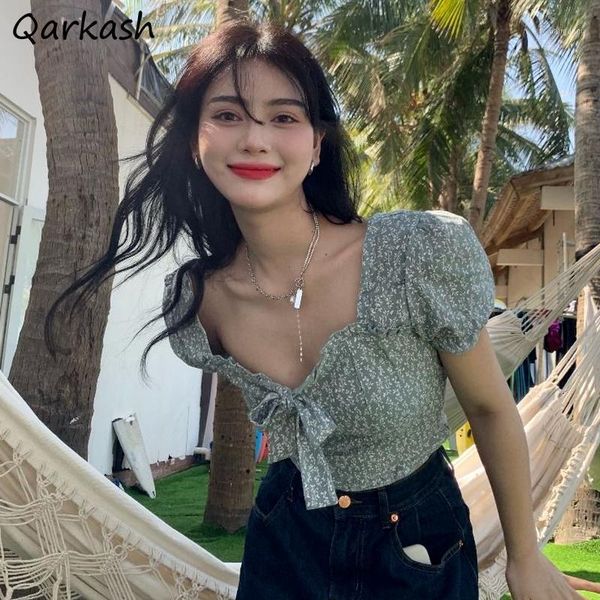 

women's blouses & shirts women square collar stylish print chic casual summer crops retro all-match holiday simple feminine blusas bowk, White