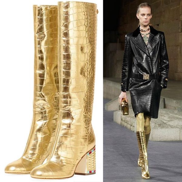 

cool gold round head shoes with embossed pattern in autumn and winter boots, Black