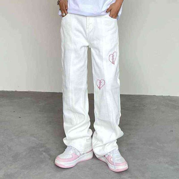 

women's loose jeans, embroidered street clothes, white, korean retro style, Blue