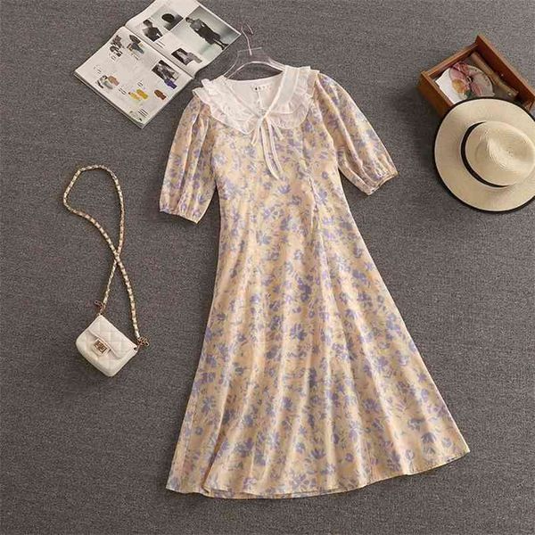 

vintage flower print boho beach holiday long summer dress for women french sweet chiffon peter pan collar party vestido 210514, Black;gray