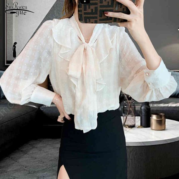 

korea elegant puff sleeve women blouse and office lady lace shirts solid color chiffon plus size female clothing 13935 210518, White